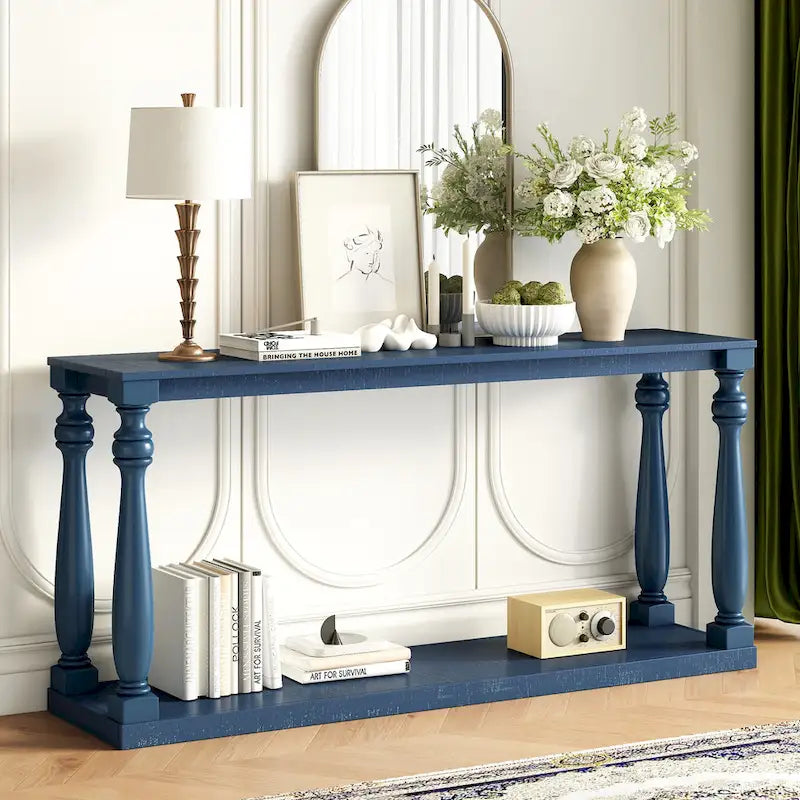 63 Long Entryway Console Table Sofa Table with Bottom Storage Shelf & Sculptural Vase-Leg for Hallway Living Room