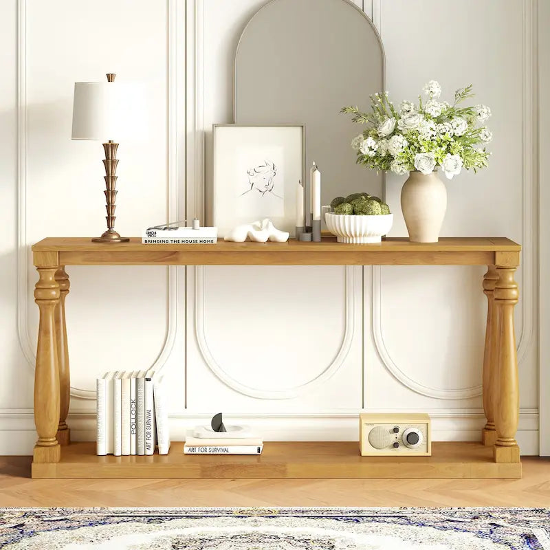 63 Long Entryway Console Table Sofa Table with Bottom Storage Shelf & Sculptural Vase-Leg for Hallway Living Room