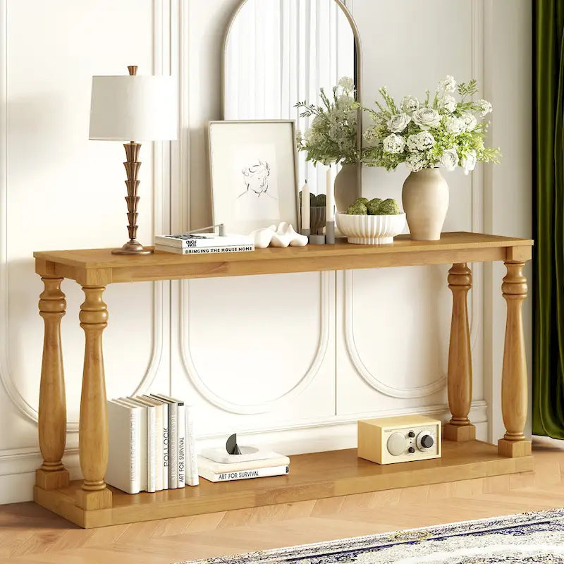 63 Long Entryway Console Table Sofa Table with Bottom Storage Shelf & Sculptural Vase-Leg for Hallway Living Room