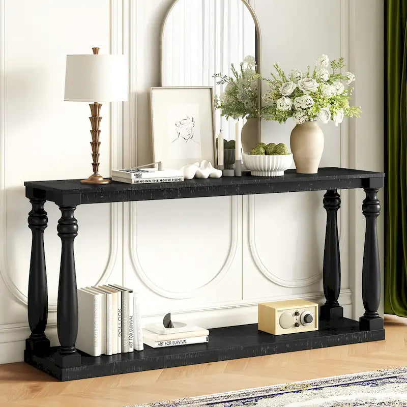 63 Long Entryway Console Table Sofa Table with Bottom Storage Shelf & Sculptural Vase-Leg for Hallway Living Room