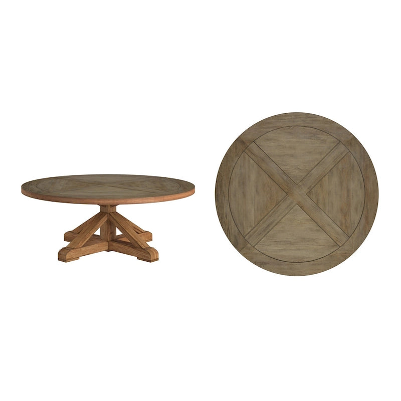 Rustic X-Base Round Pine Veneer Coffee Table - 48" Diameter