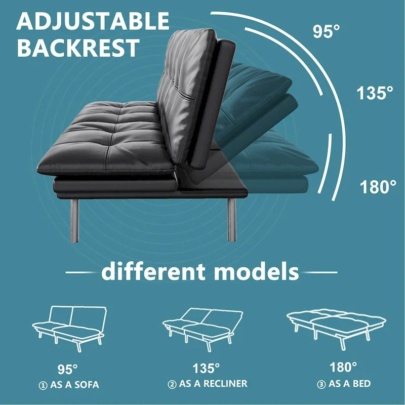 Futon Couch Sofa Bed, Faux Leather Sleeper Futons Convertible Loveseat Furniture for Compact Small Space, Dorm, Living Room
