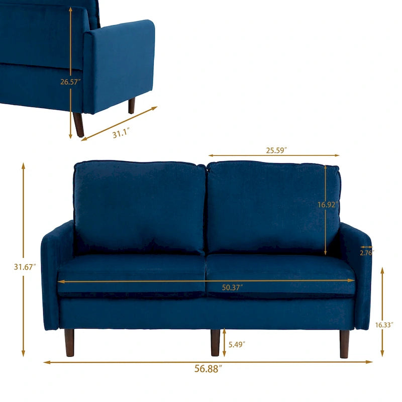 57" Modern Velvet Loveseat Sofa - White, Ginger, or Blue