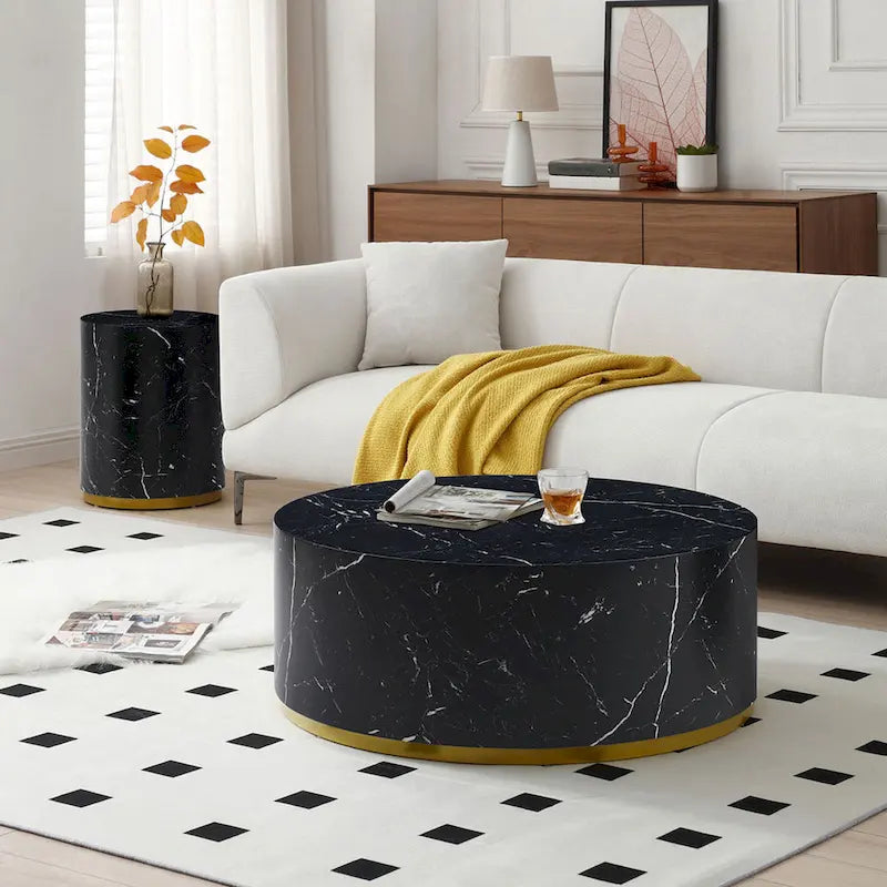 Marble-Look Fully Assembled Round Side Coffee Table