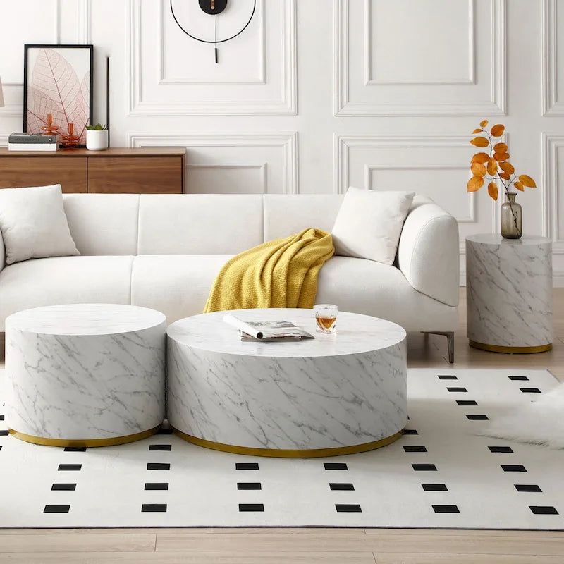 Marble-Look Fully Assembled Round Side Coffee Table