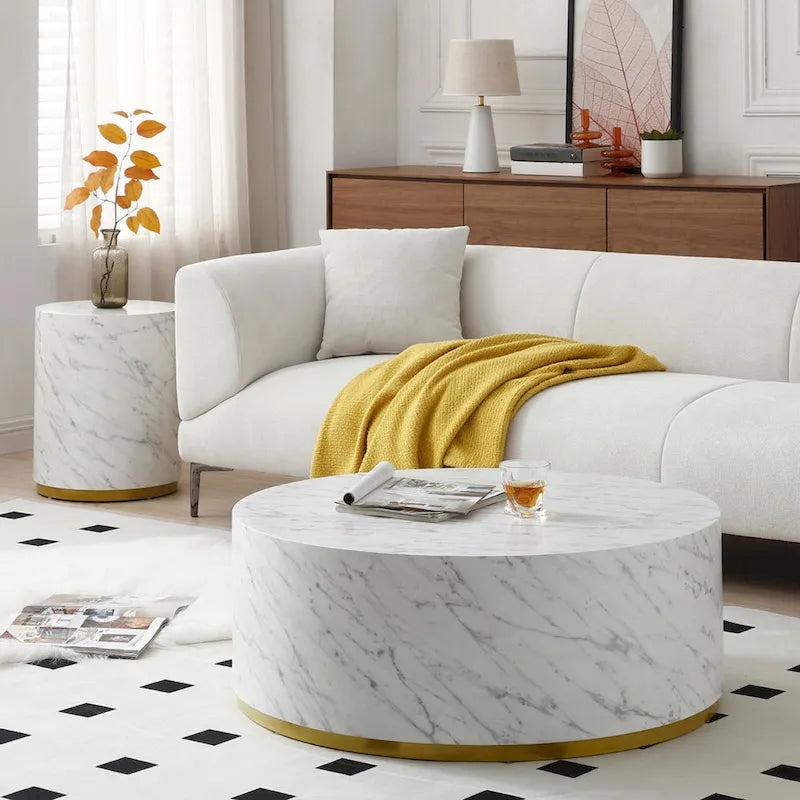 Marble-Look Fully Assembled Round Side Coffee Table