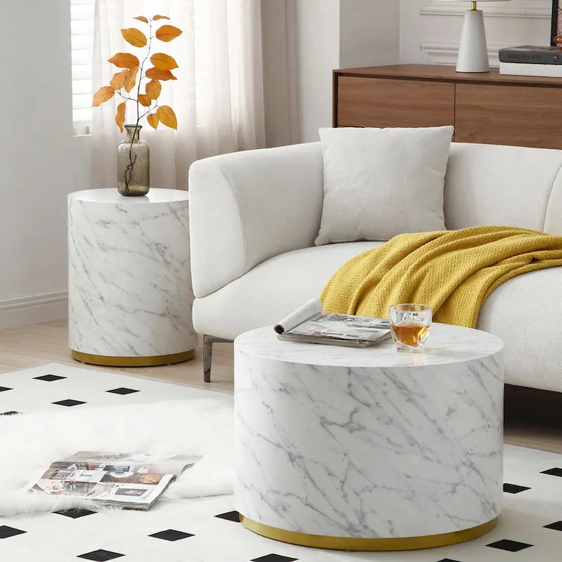 Marble-Look Fully Assembled Round Side Coffee Table