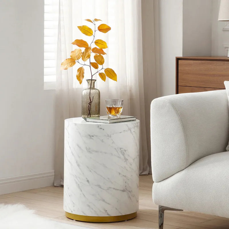 Marble-Look Fully Assembled Round Side Coffee Table