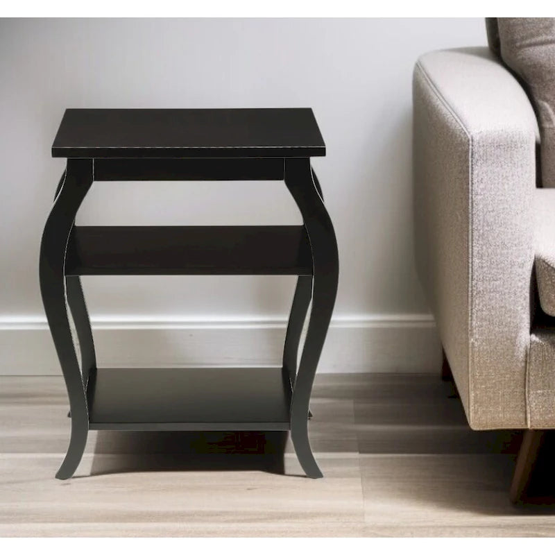 23" Black Wood Bow Leg End Table with Two Shelves - 20"W x 18"D x 23"H