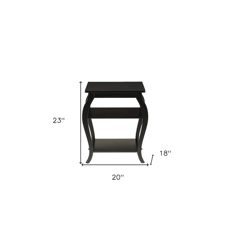 23" Black Wood Bow Leg End Table with Two Shelves - 20"W x 18"D x 23"H
