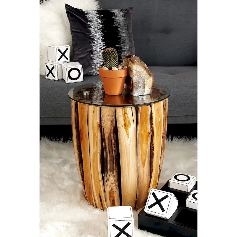 Teak Wood Handmade Accent Table with Clear Glass Top - Brown - 16"W x 16"L x 18"H