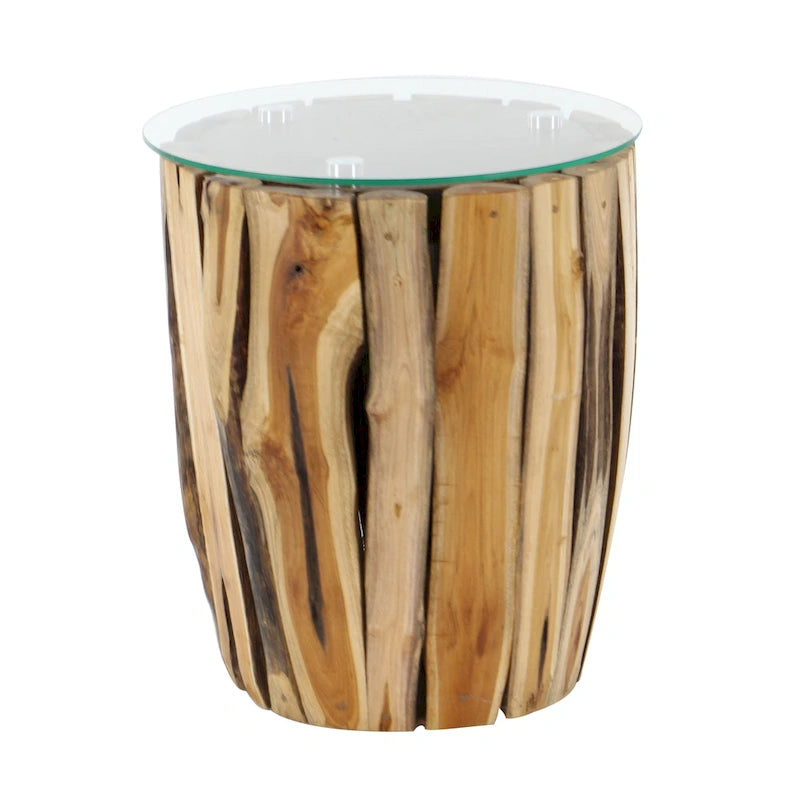 Teak Wood Handmade Accent Table with Clear Glass Top - Brown - 16"W x 16"L x 18"H