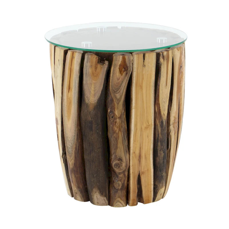 Teak Wood Handmade Accent Table with Clear Glass Top - Brown - 16"W x 16"L x 18"H