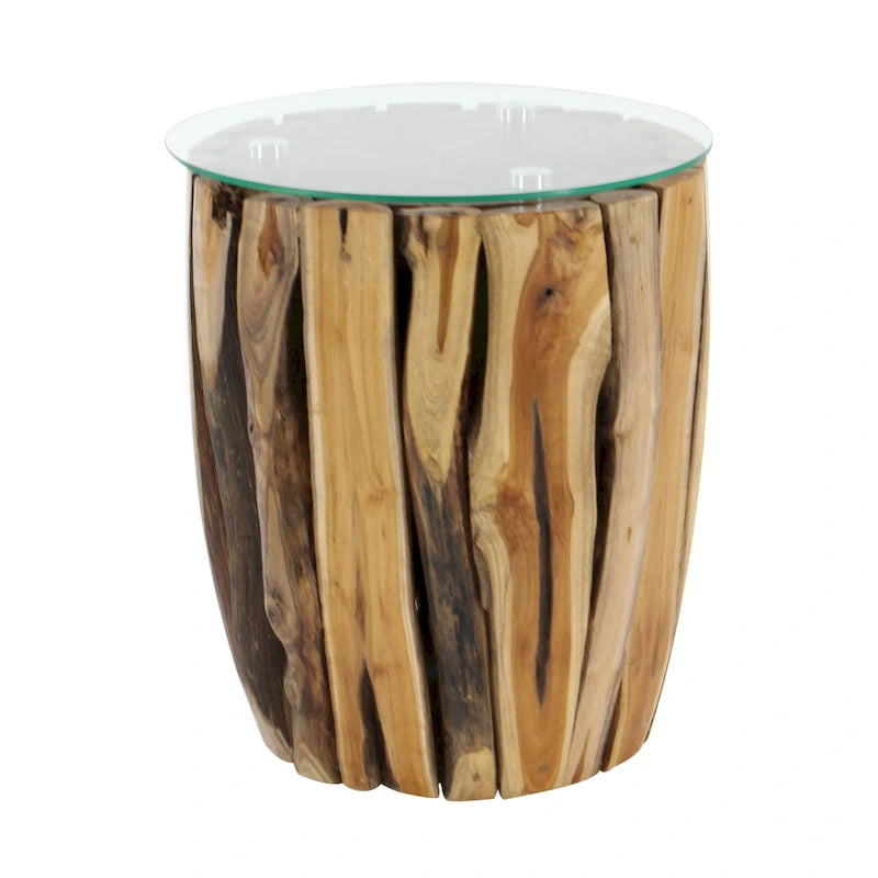Teak Wood Handmade Accent Table with Clear Glass Top - Brown - 16"W x 16"L x 18"H