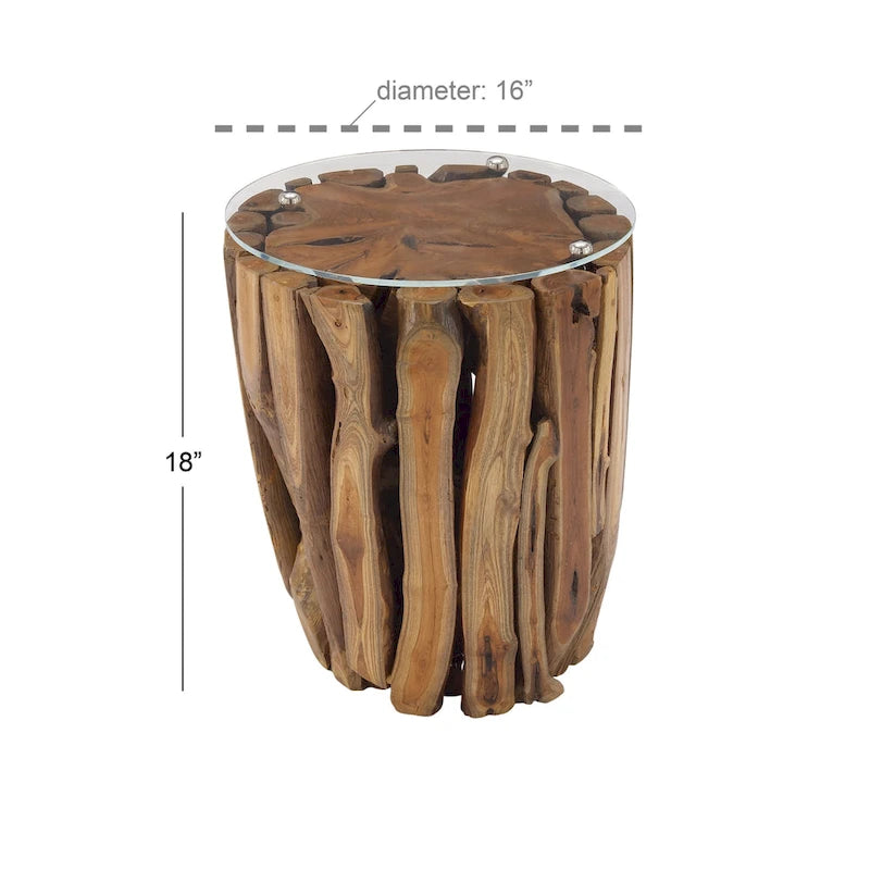 Teak Wood Handmade Accent Table with Clear Glass Top - Brown - 16"W x 16"L x 18"H