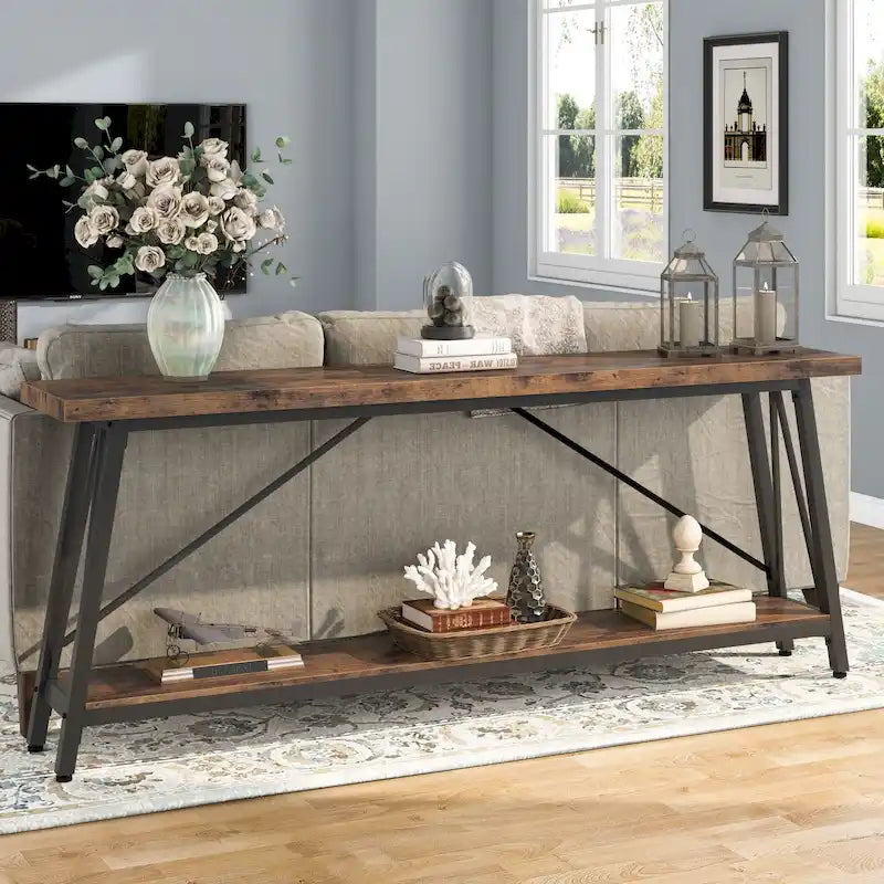 70.9" Extra Long Industrial Sofa Table with 2-Tier Shelves
