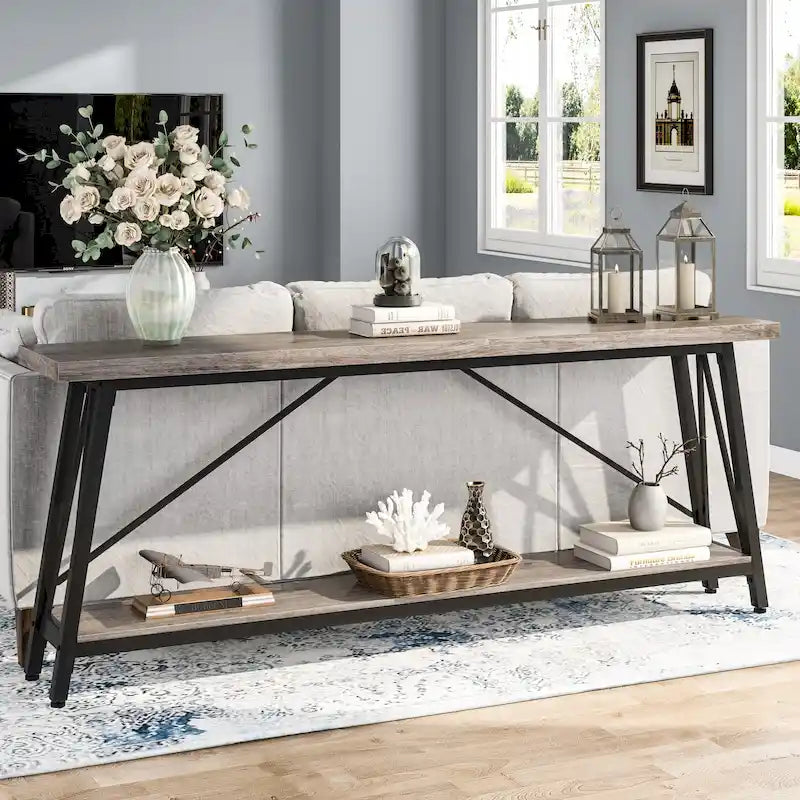 70.9" Extra Long Industrial Sofa Table with 2-Tier Shelves