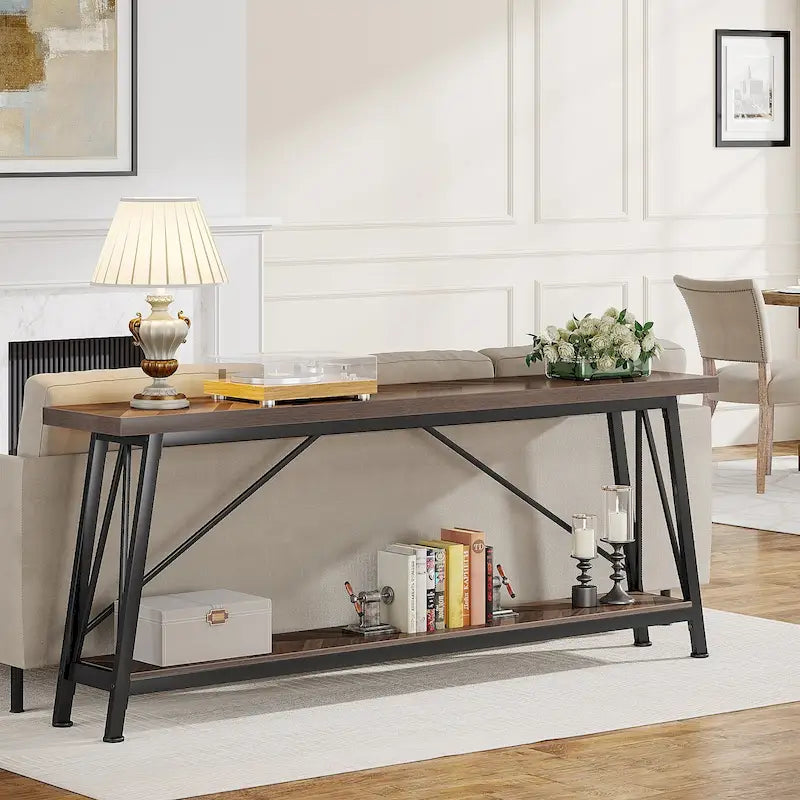 70.9" Extra Long Industrial Sofa Table with 2-Tier Shelves