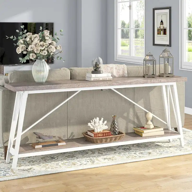 70.9" Extra Long Industrial Sofa Table with 2-Tier Shelves