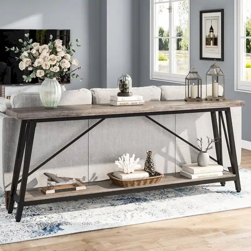 70.9" Extra Long Industrial Sofa Table with 2-Tier Shelves