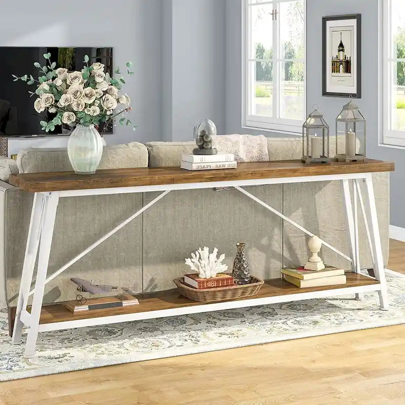 70.9" Extra Long Industrial Sofa Table with 2-Tier Shelves