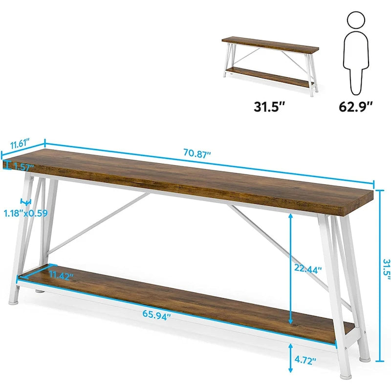 70.9" Extra Long Industrial Sofa Table with 2-Tier Shelves