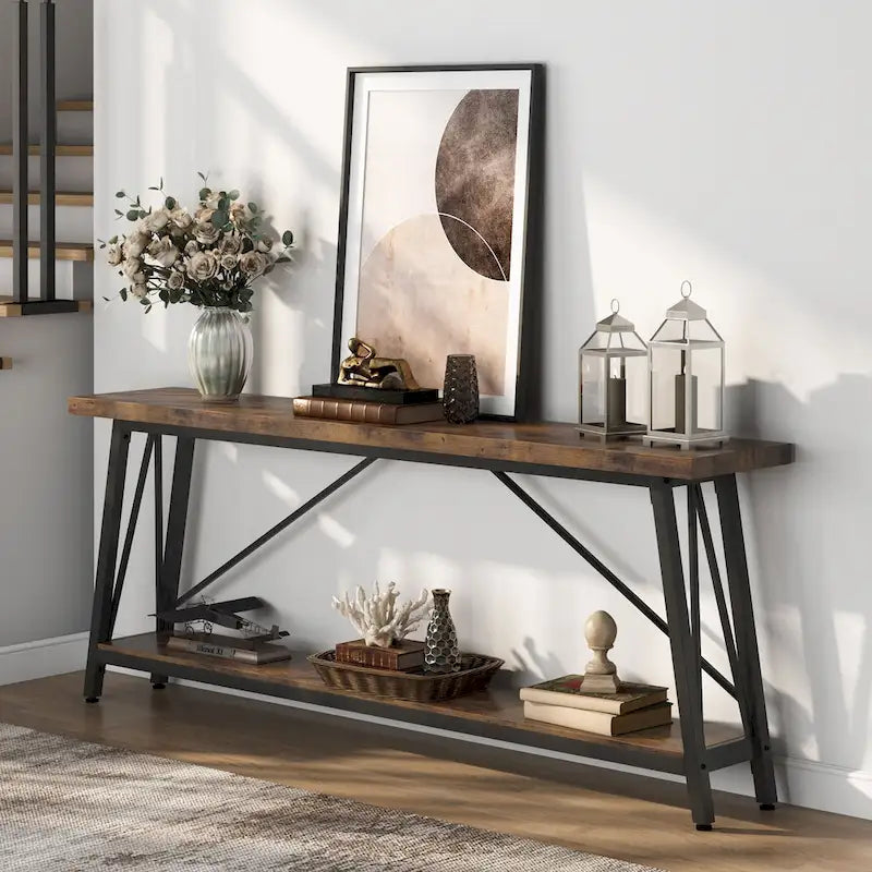 70.9" Extra Long Industrial Sofa Table with 2-Tier Shelves