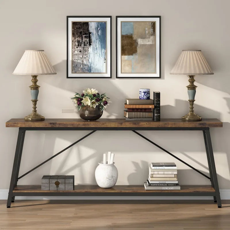 70.9" Extra Long Industrial Sofa Table with 2-Tier Shelves