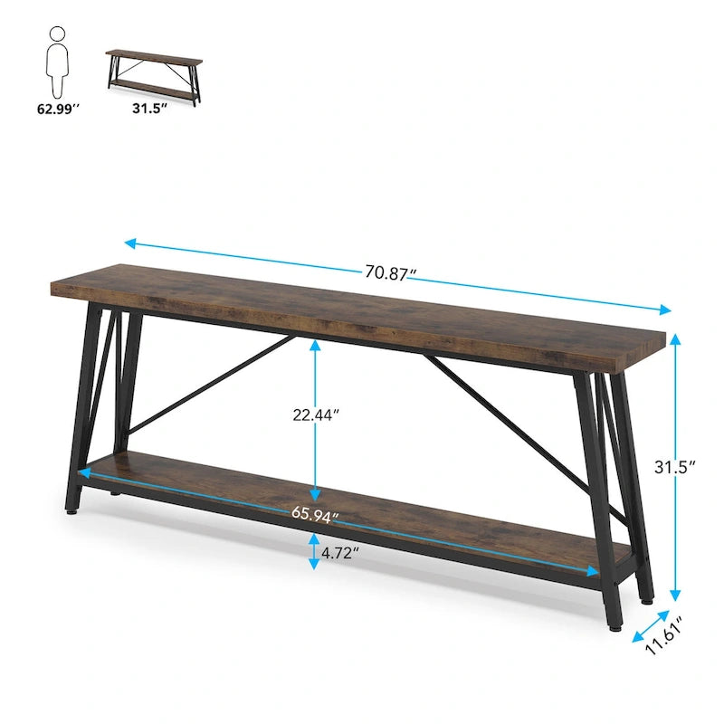 70.9" Extra Long Industrial Sofa Table with 2-Tier Shelves