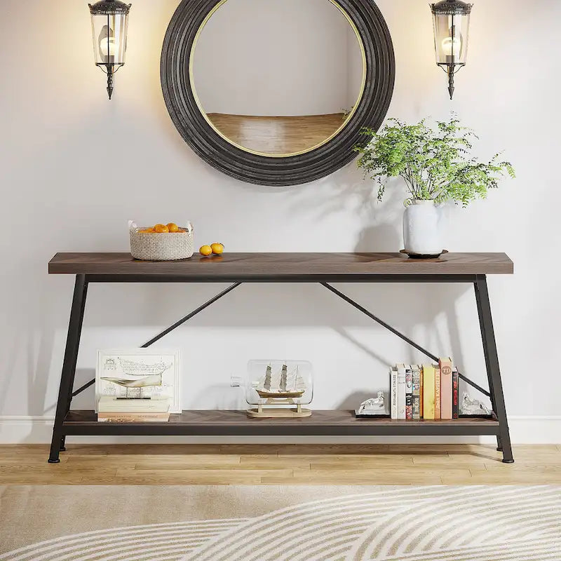 70.9" Extra Long Industrial Sofa Table with 2-Tier Shelves