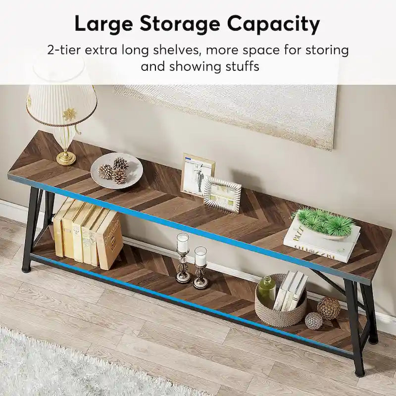 70.9" Extra Long Industrial Sofa Table with 2-Tier Shelves