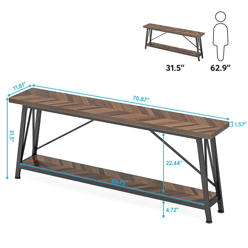 70.9" Extra Long Industrial Sofa Table with 2-Tier Shelves