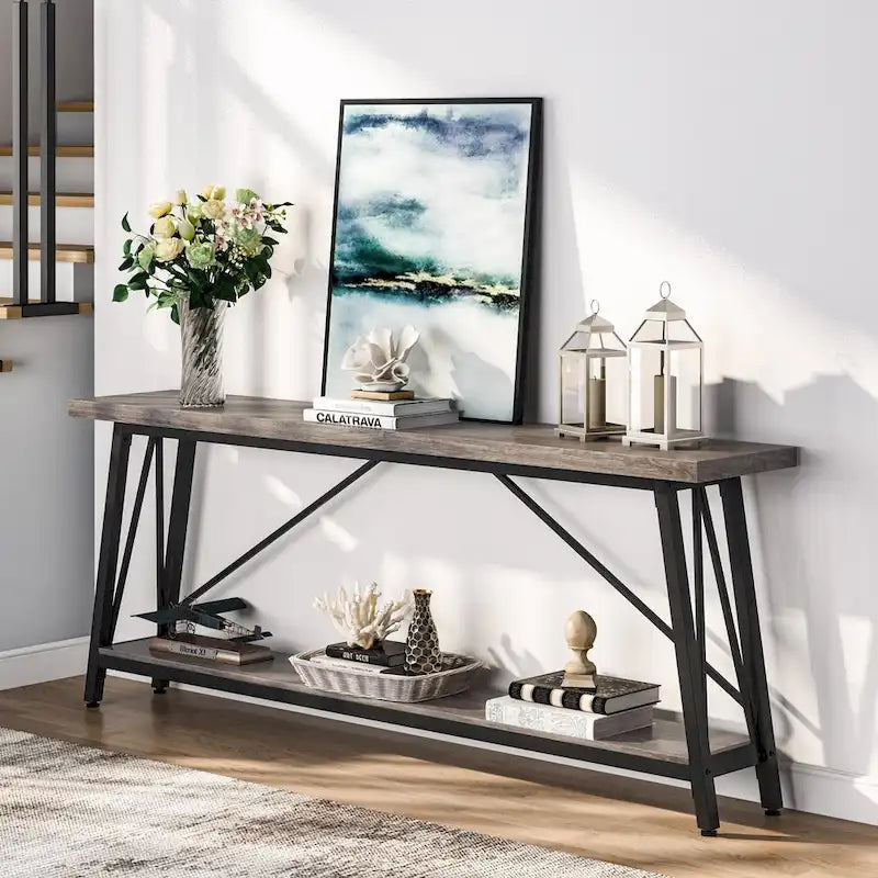 70.9" Extra Long Industrial Sofa Table with 2-Tier Shelves