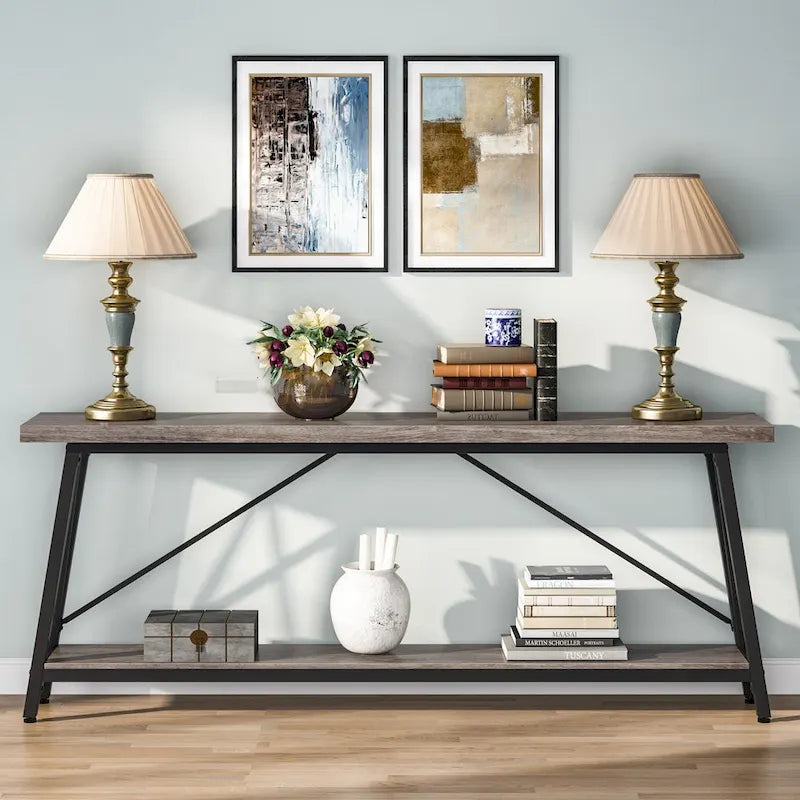 70.9" Extra Long Industrial Sofa Table with 2-Tier Shelves