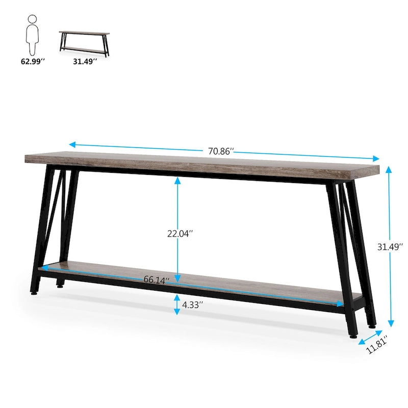 70.9" Extra Long Industrial Sofa Table with 2-Tier Shelves