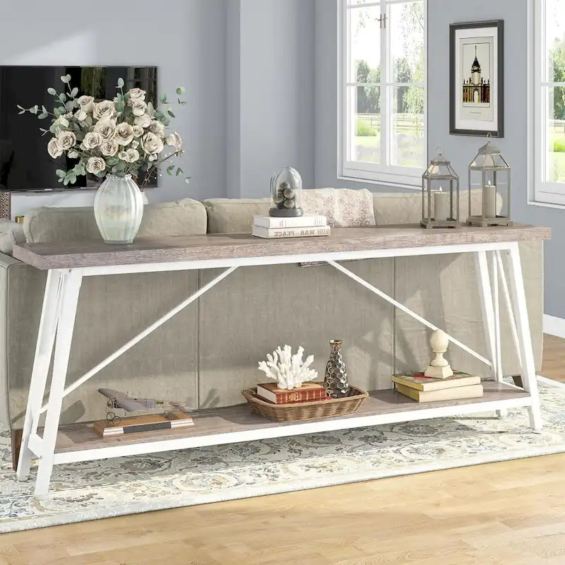 70.9" Extra Long Industrial Sofa Table with 2-Tier Shelves