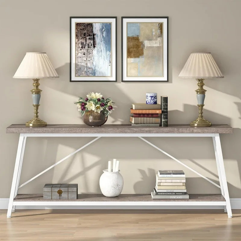 70.9" Extra Long Industrial Sofa Table with 2-Tier Shelves