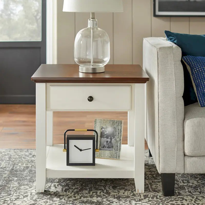 Charleston End Table with Drawer and Lower Shelf - Off-White/Chestnut