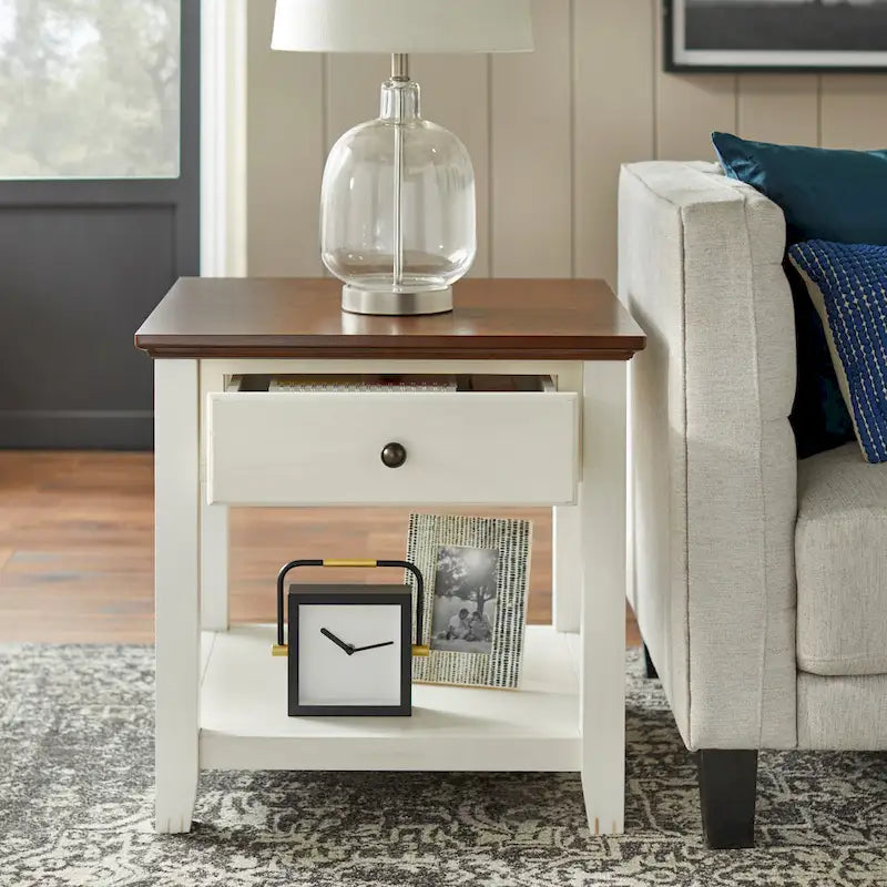 Charleston End Table with Drawer and Lower Shelf - Off-White/Chestnut