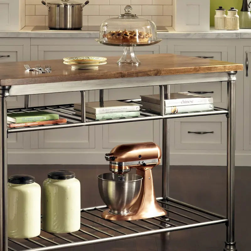 Kitchen Island with Butcher Block Top and Open Storage Shelves - 52"W