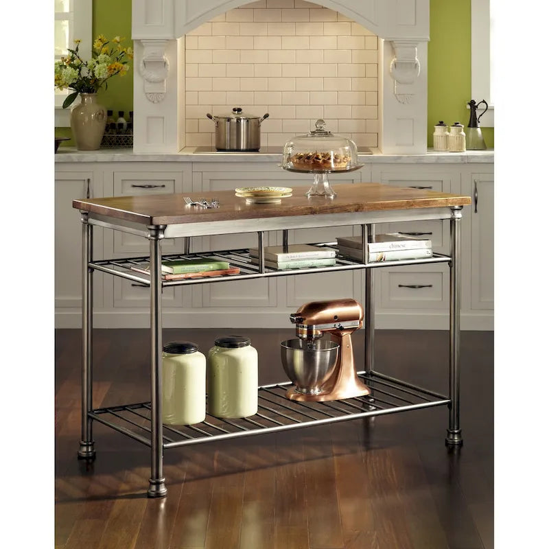 Kitchen Island with Butcher Block Top and Open Storage Shelves - 52"W