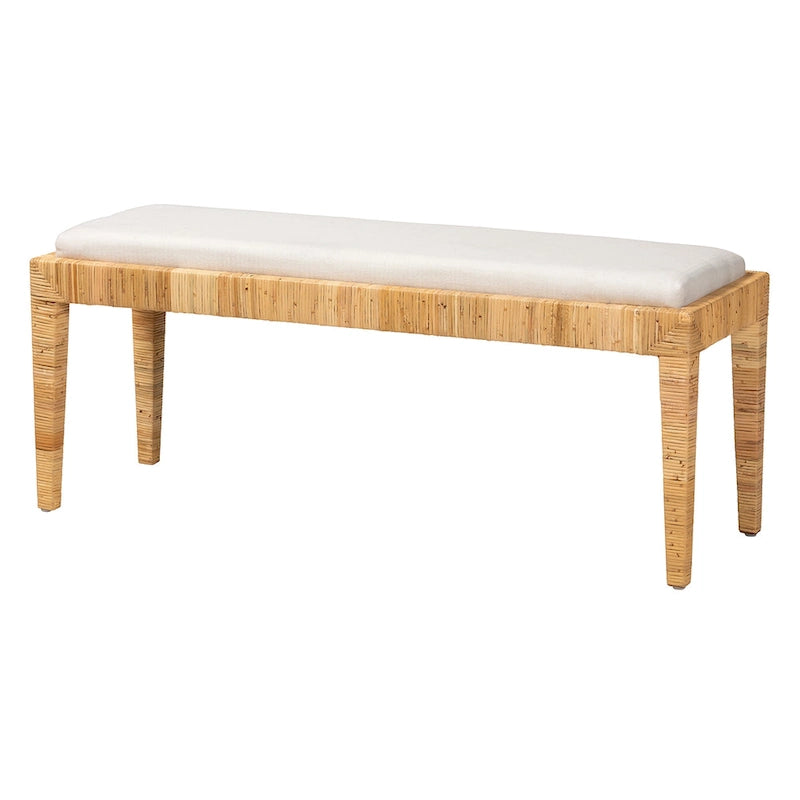 Modern Bohemian Natural Brown Rattan and Mahogany Wood Bench
