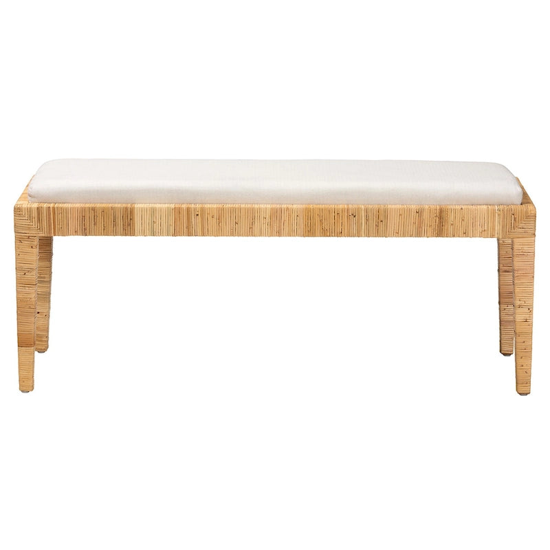 Modern Bohemian Natural Brown Rattan and Mahogany Wood Bench