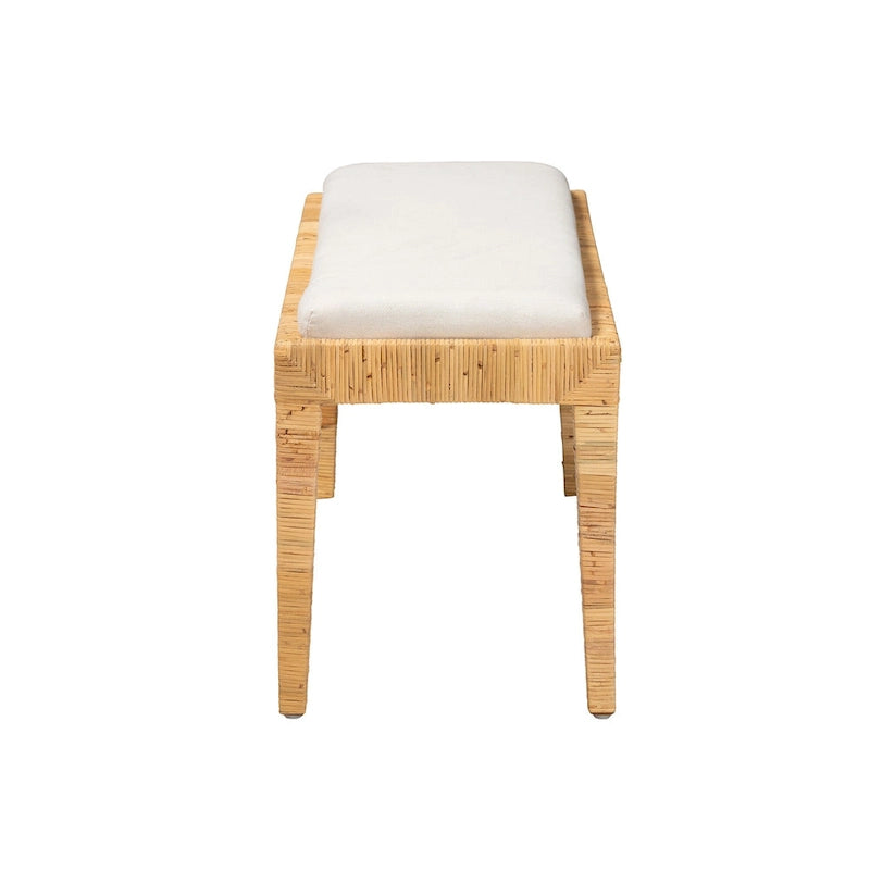 Modern Bohemian Natural Brown Rattan and Mahogany Wood Bench