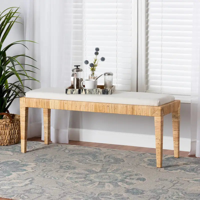 Modern Bohemian Natural Brown Rattan and Mahogany Wood Bench