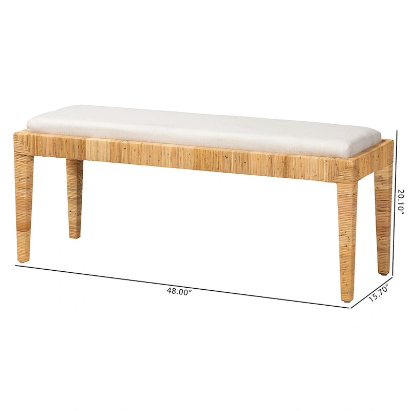 Modern Bohemian Natural Brown Rattan and Mahogany Wood Bench