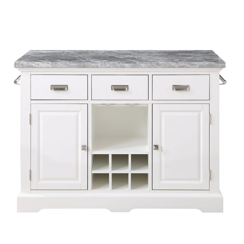 Kitchen Island with Marble Top, Stemware Storage & Wine Rack