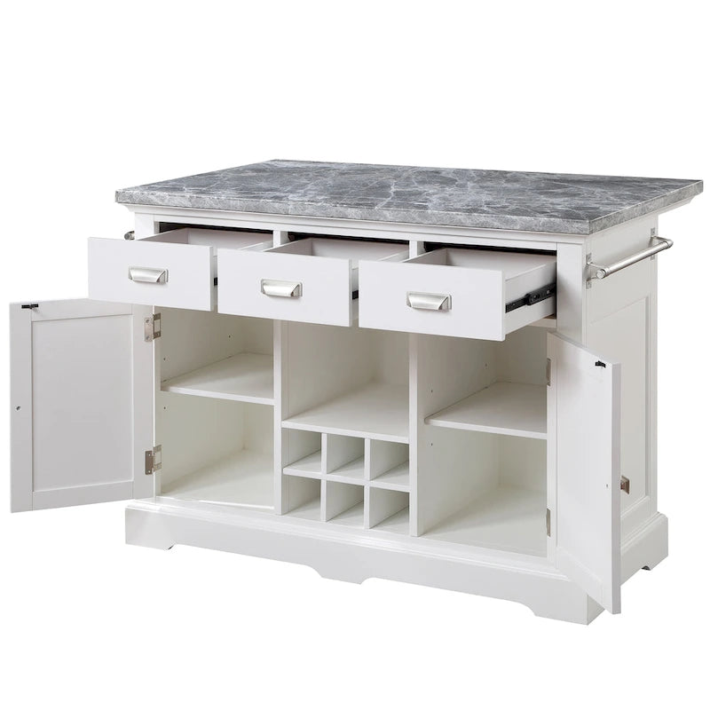 Kitchen Island with Marble Top, Stemware Storage & Wine Rack