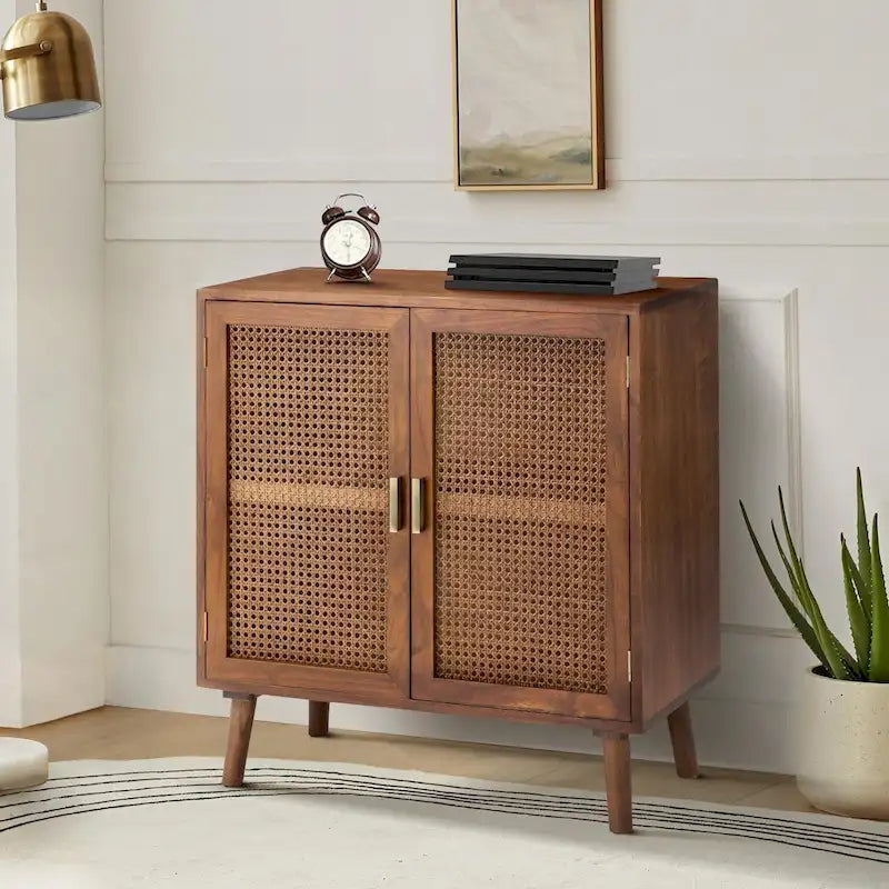 2-Door Rattan Accent Cabinet with Shelves