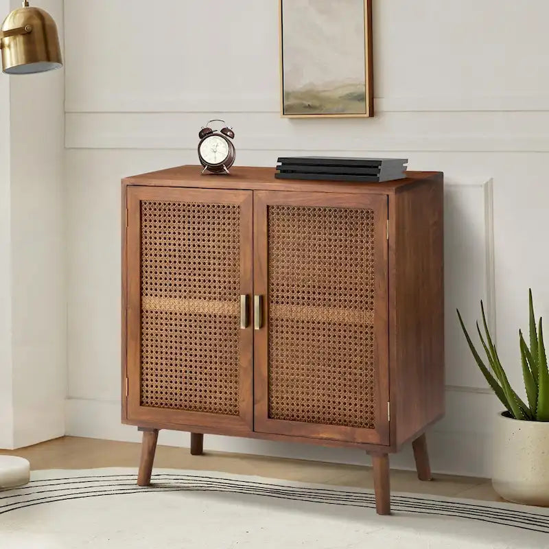 2-Door Rattan Accent Cabinet with Shelves